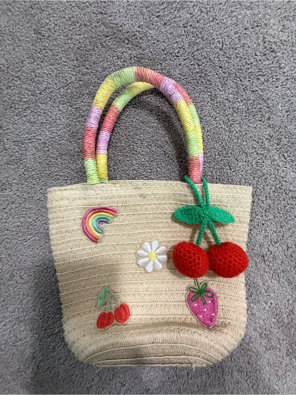 Cat & Jack Cream Straw Tote with Rainbow Handles & Cherry Appliqué